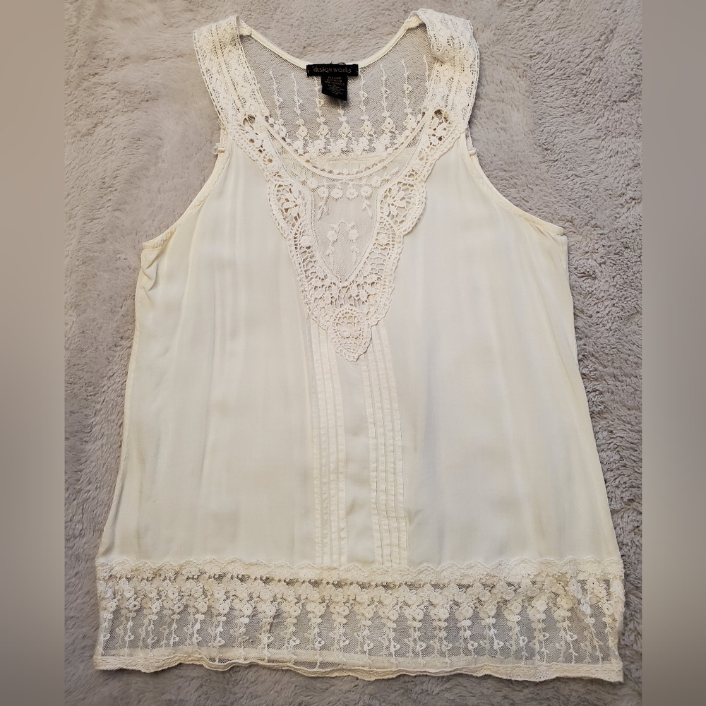 Cream Lace Trimmed Embroidered Tank